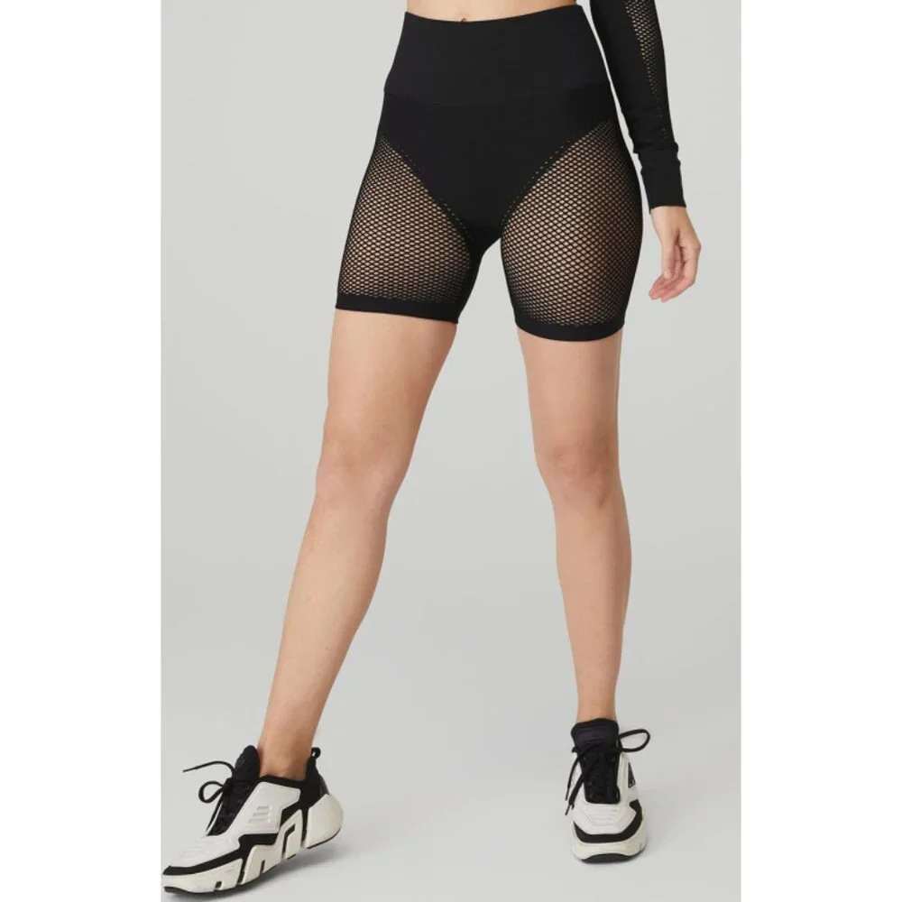 Alo Seamless High-Waist Limitless Open Air Shorts Black Edgy Sheer Mesh Cut-Outs